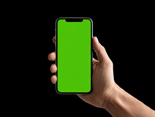 Photorealistic image of a male hand holding a modern smartphone vertically, blank green screen displayed, isolated on a transparent background, high detail suitable for overlay use in PNG format
