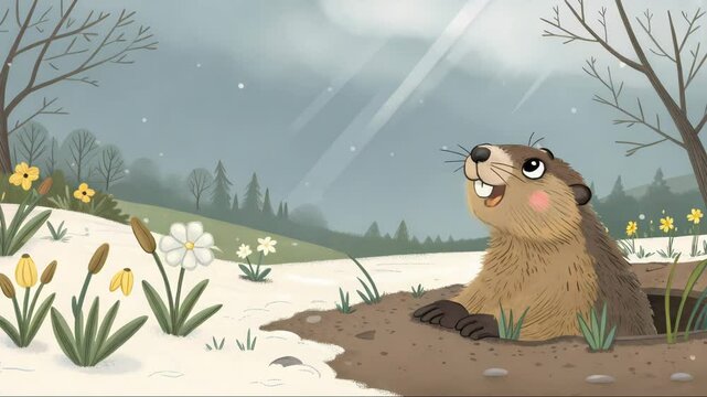 Animated groundhog emerging from burrow in snowy spring landscape with falling snowflakes.