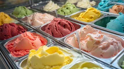 A variety of colorful ice cream flavors displayed in metal containers.