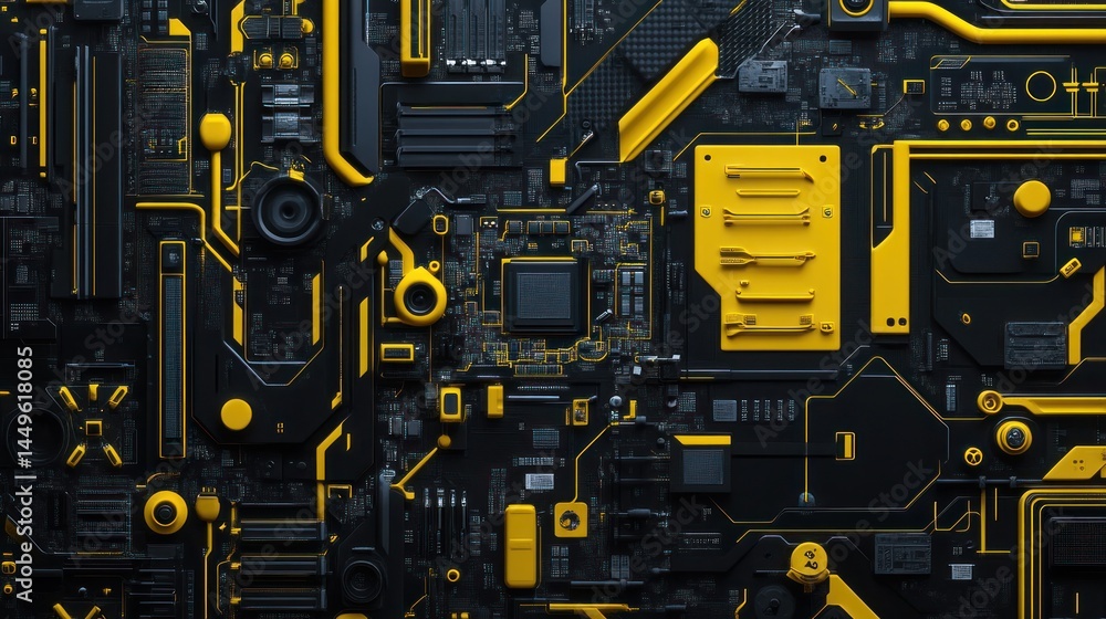 Poster technological circuit board with abstract yellow lines and dark gray background. can use for tech, d