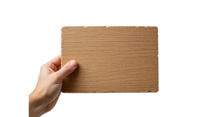 Hand holding a light brown wooden plank isolated on tranpsarent png