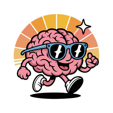 Vintage cartoon of a brain wearing sunglasses and running.