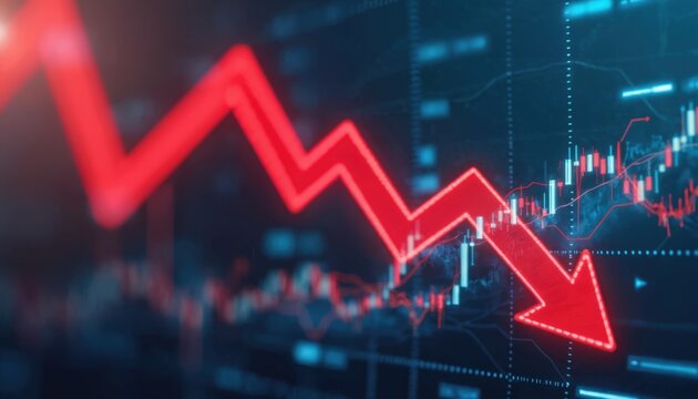 Red arrow plunges downward, financial charts graphs blurred background. Sharp decline percentage market value. Crisis, economic downturn, recession, business losses, falling market.