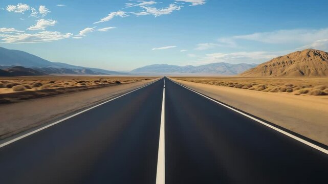 Long empty desert road leading into mountains under blue sky