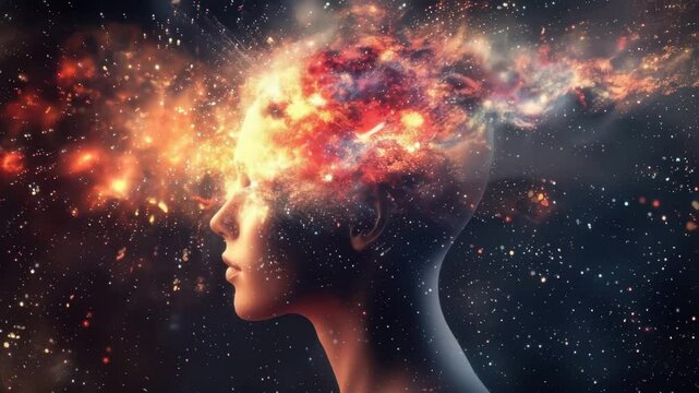 Woman exploring the universe with mind power and open eyes