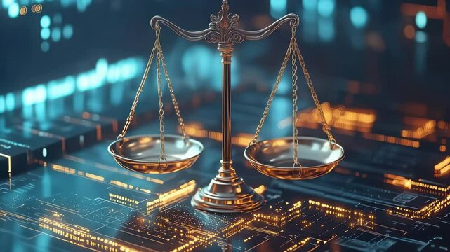 Scales of justice balancing on futuristic circuit board representing cyber law and digital rights