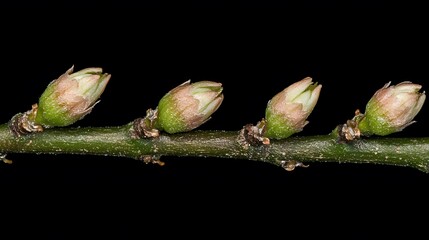 Four Spring Buds on a Branch Closeup Macro
