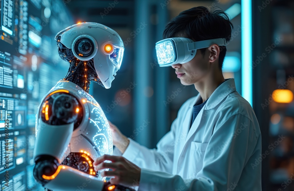 Poster futuristic scene human interacts with holographic robot in high-tech environment. advanced tech inno