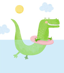 Cute Happy Crocodile Swimming In A Pool With A Pink Inflatable Wheel. Lovely Hand Drawn Vector Illustration Of Funny Alligator Playing In The Water. Croc On Summer Vacation Playing In The Water. 