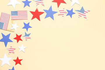 Composition with USA flags and stars on color background. Independence Day celebration