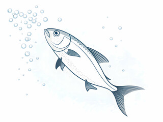 Swimming Fish and Bubbles Illustration on White Background