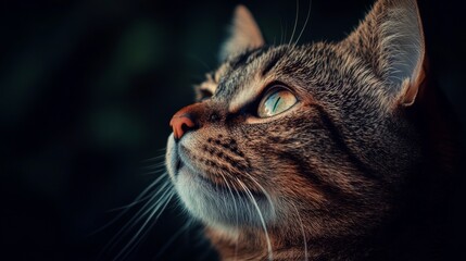 Closeup portrait of a tabby cat with bright green eyes
