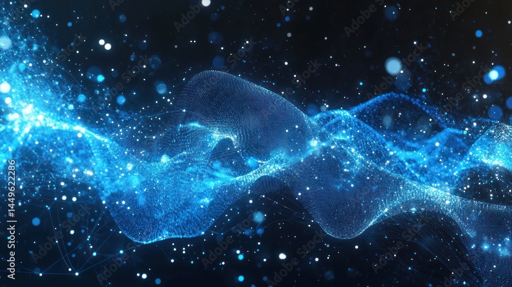 Aufkleber abstract blue digital wave with sparkling particles flowing in dark space background