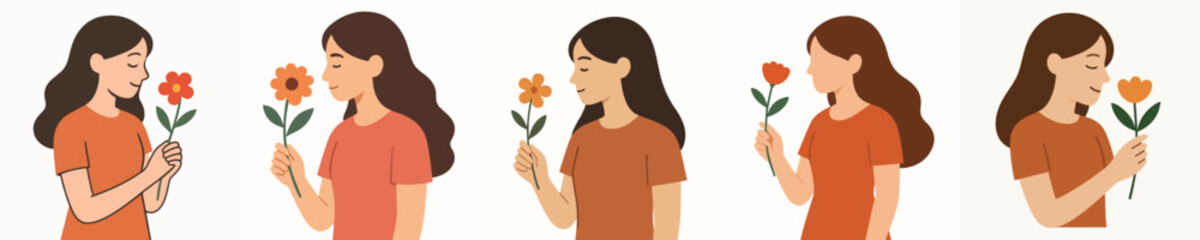 Vector of young woman holding flowers and smiling