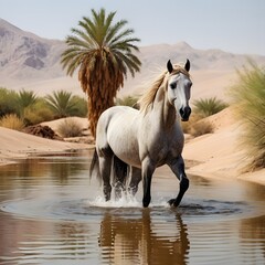 Obraz premium Potrait of grey arabian Horse walking in a small river in the desert AI Generated Image