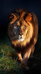 Fototapeta premium Majestic lion walking through lush grassland exuding strength and fierce royalty in nature