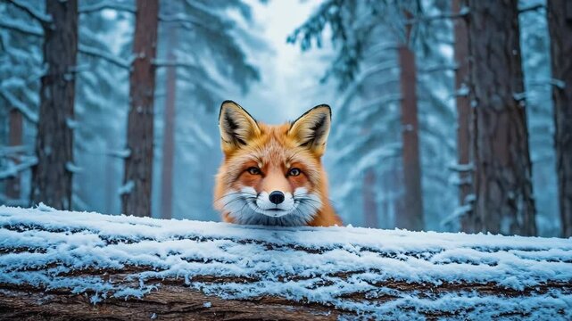 Curious red fox peeking out from behind snow-covered log in winter forest.