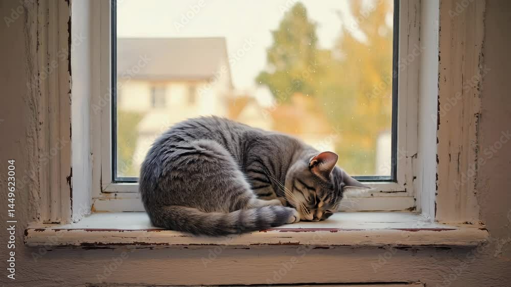 Poster grey tabby cat curled up on windowsill with sunlight casting warm shadows.