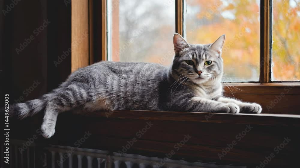 Poster grey tabby cat curled up on windowsill with sunlight casting warm shadows.