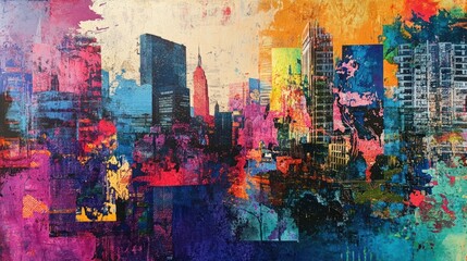 Obraz premium A vibrant, abstract cityscape collage celebrating the energy of New York City.