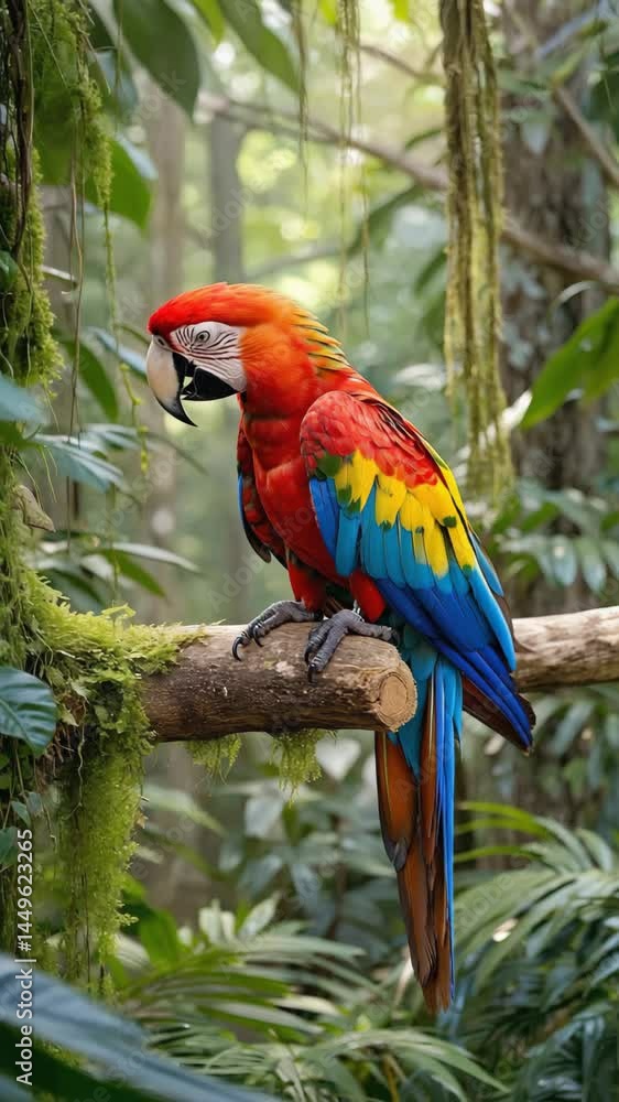Poster parrot perched on tree branch in rainforest canopy with vibrant feathers in sunlight