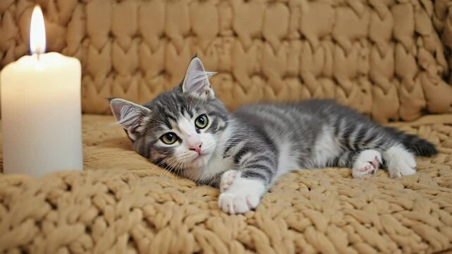 Close-up of sleeping kitten resting on knitted blanket beside flickering candle.