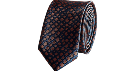Rolled Dark Blue Necktie with Red Geometric Pattern on Transparent Background
