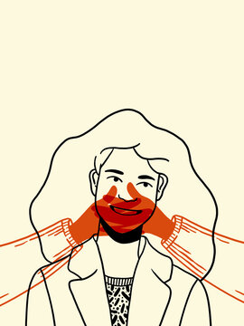 Happy woman in with invisible hands on mouth