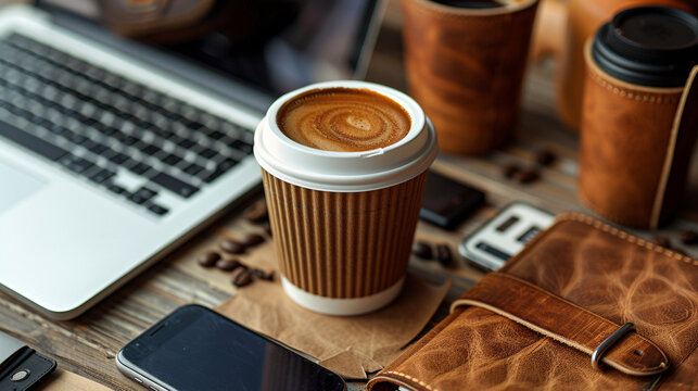 Elevated View of Coffee Cup Amidst Startup Essentials