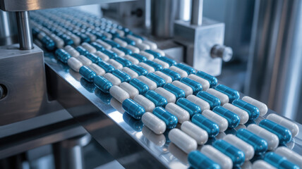 Fototapeta premium Pharma production line with blue and white capsules moving on stainless steel conveyor in clean manufacturing environment
