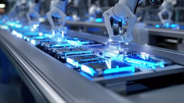 Robotic arms assemble circuits on factory line