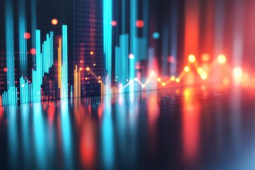 Dynamic financial data visualization.  Abstract graphical representation of market trends, with vibrant colors and fluctuating data points reflected on a dark surface.  Data points rising and falling