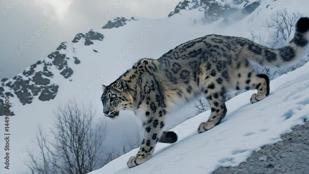 Poster snow leopard descending rocky ledge in himalayan setting with icy wind blowing.
