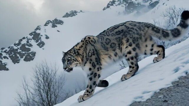 Snow leopard descending rocky ledge in Himalayan setting with icy wind blowing. 