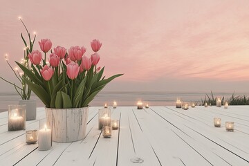 Pink tulips on a beach at sunset