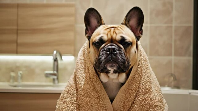 French bulldog wrapped in towel after bath sitting on bathroom floor.