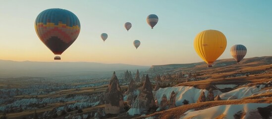 Obraz premium Colorful hot air balloons float over the unique landscape of Cappadocia.