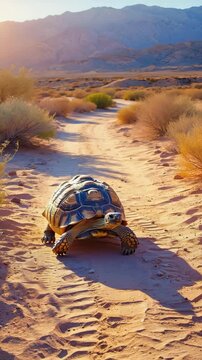 Tortoise slowly crossing sandy trail under warm afternoon light. 