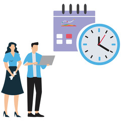 Businessman and businesswoman work together on calendar planner to schedule and organize team meetings