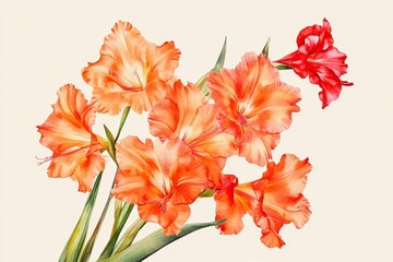 Fototapeta premium A vibrant arrangement of peach and scarlet gladioli.