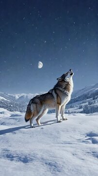 Wolf howling on snowy ridge with moonlight casting long 