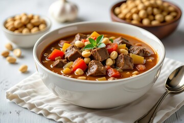 Bowl of West African peanut stew (Maafe) with rich colors, vegetables, and spoon on white napkin. Concept of West African peanut stew highlights comfort food appeal.