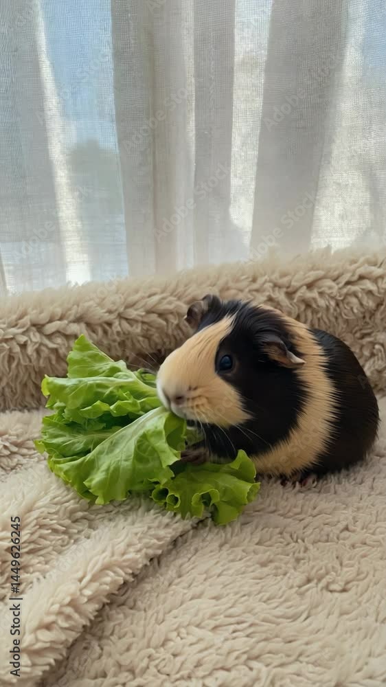 Poster guinea pig nibbling fresh lettuce leaf on soft fleece blanket