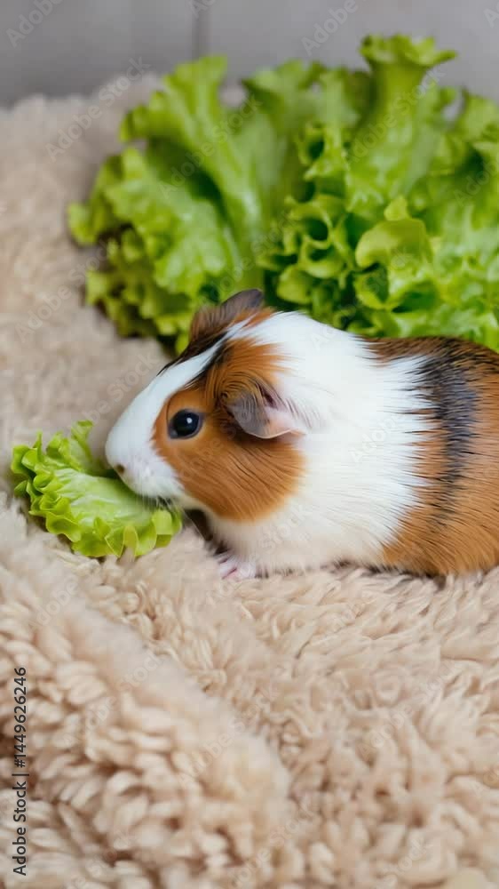 Poster guinea pig nibbling fresh lettuce leaf on soft fleece blanket