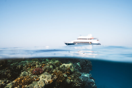 Split-Level View of a Yacht Over a Coral Reef