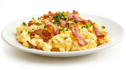 Scrambled eggs with bacon and chives on a plate. Food photography for recipe websites