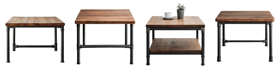 Rustic industrial wood and metal tables in various designs