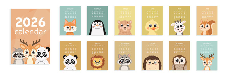 Calendar 2026 A4 with Cute Animal Head. Calendar for Children. Week start from Sunday. Vector Illustration. Calendar with Animal Heads.