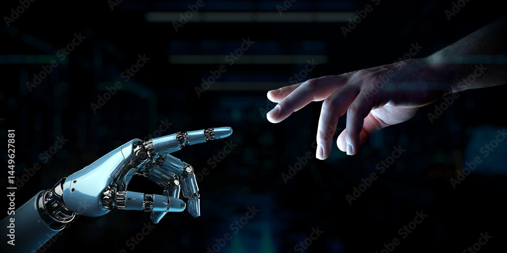 Poster robot finger about to touch human finger on dark background. man hand going closer to cyborg hand. g