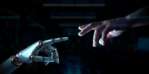 Robot finger about to touch human finger on dark background. Man hand going closer to cyborg hand. Generative ai robot hand